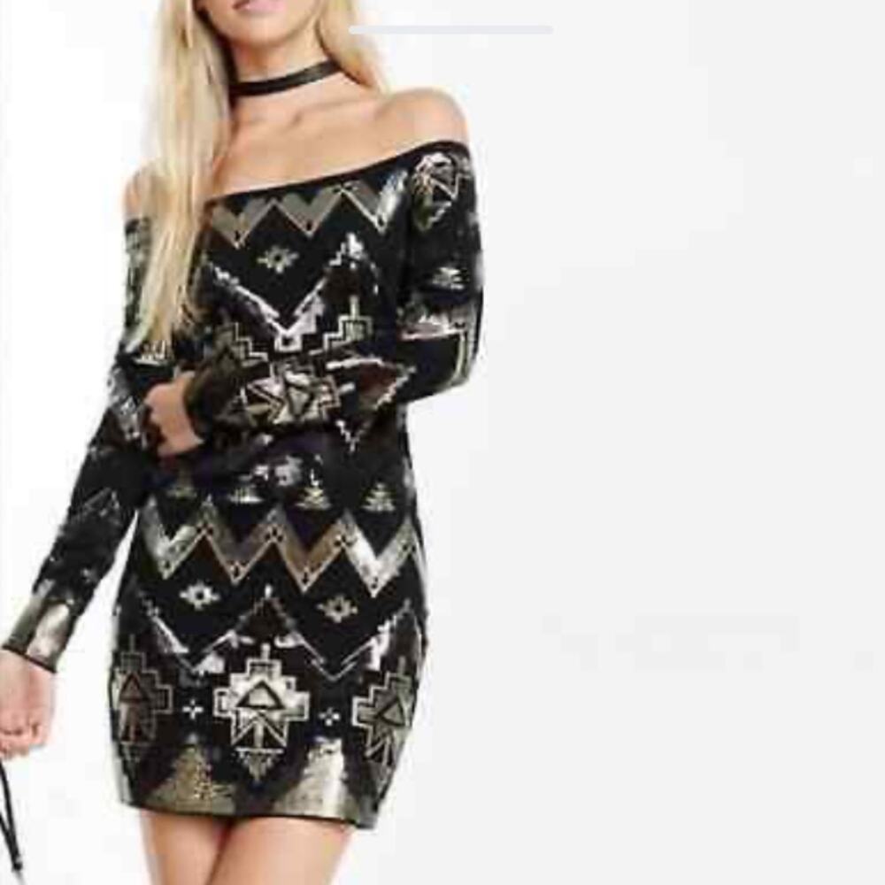 Express Black Gold Sequin Dress Y2K retro club gold metallic sz L costume